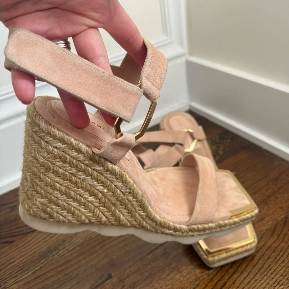 Good American Pale Pink Suede Gold Hardware Espadrille Wedge Sandals NEW Size 12